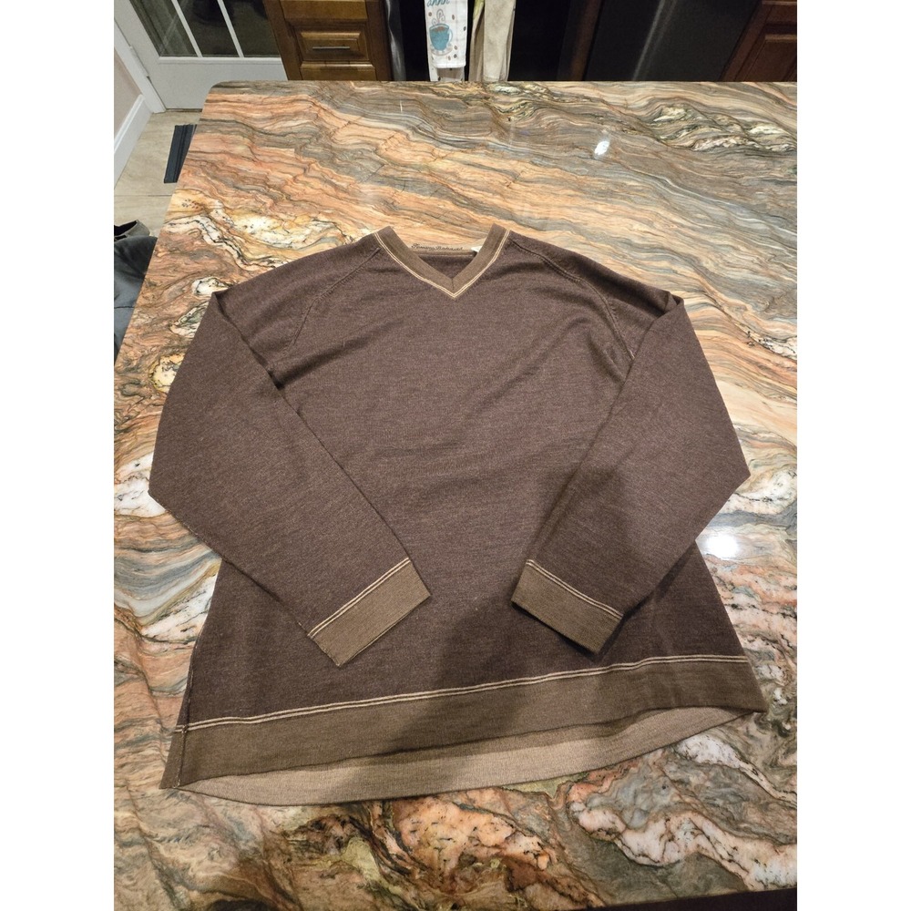 Tommy Bahama Sweater Merino Wool Men's Large V Neck Brown Long Sleeve